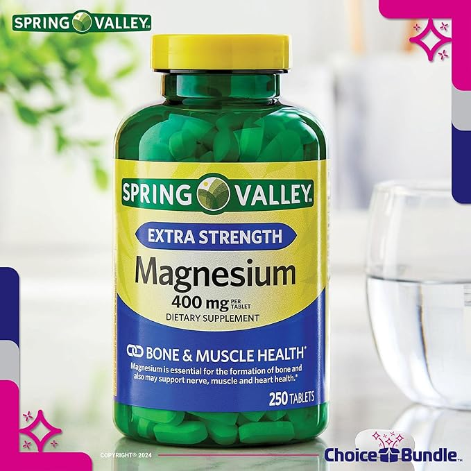 Spring Valley Magnesium Bone & Muscle Health Tablets 400 mg 250 Ct 4 pk (1,000 Total) + “Vitamin Vitality” Guide & Pill Container (6 Items)!