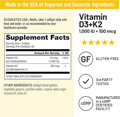 NatureWise Vitamin D3 1000IU + K2 (MK7) 100mcg with Organic Extra Virgin Coconut Oil - Supports Calcium Absorption, Bone & Immune Health - Non-GMO, Soy & Gluten-Free - 30 Softgels[1-Month Supply]