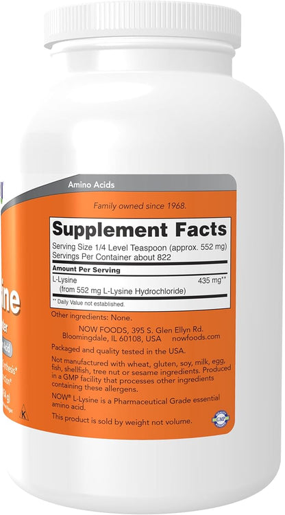 NOW Foods Supplements, L-Lysine (L-Lysine Hydrochloride) Powder, Supports Collagen Synthesis*, Amino Acid, 1-Pound