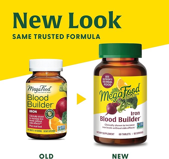 MegaFood Blood Builder Iron Supplement Clinically Shown to Increase Iron Levels Without Side Effects, Vegan Supplement for Women with Vitamin C, Vitamin B12 & Folic Acid, 30 Tablets