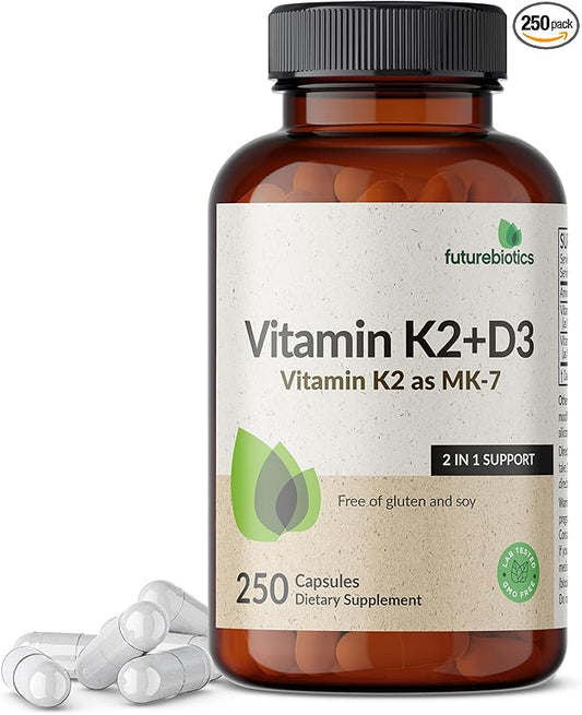 Futurebiotics Vitamin K2 (MK7) with D3 Supplement - Non-GMO Formula - 5000 IU Vitamin D3 & 90 mcg Vitamin K2 MK-7, 250 Vegetarian Capsules