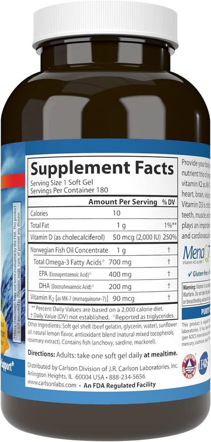 Carlson - Elite Omega-3 Plus D & K, 700 mg Omega-3s + D3 & K2, Function, Bone Health & Immune Support, Lemon, 180 Softgels