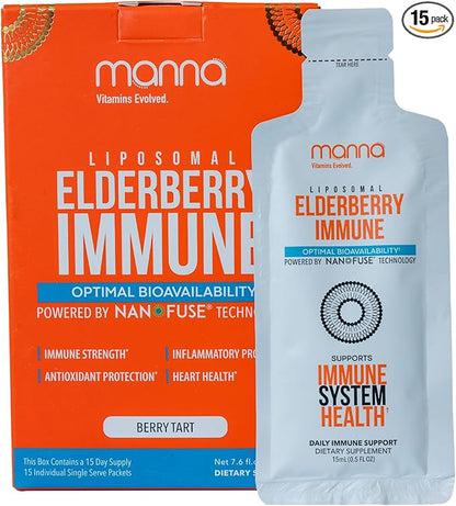 Manna Liposomal Elderberry Immune Packets – Vitamins C, D, Zinc, Echinacea & Ginger - Daily Immune Support for Adults & Kids - Sugar Free, Real Elderberry Extract & Syrup, Travel-Friendly, 15 Pack