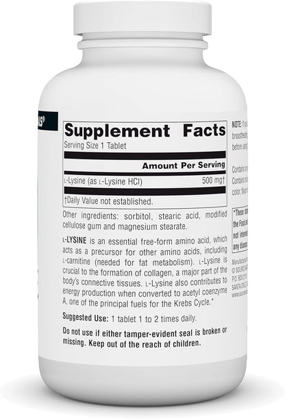 Source Naturals L-Lysine 500 mg Free Form - Amino Acid Supplement Supports Energy Formation & Collagen - 250 Tablets