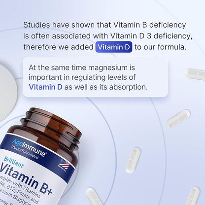 Vitamin B Complex with Vitamin D3 B12 B6 Magnesium Bisglycinate and Folate as Methylfolate - Doctor Formulated Methylated B Complex Supplement – 60 Capsules - Without Niacin
