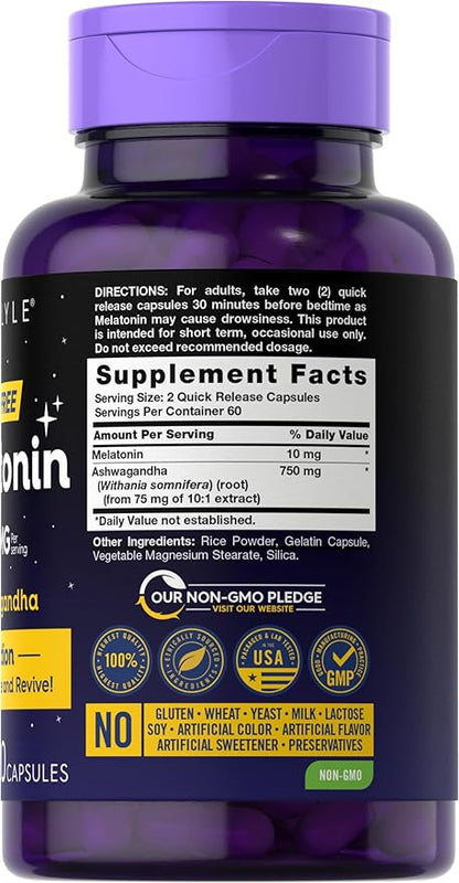 Carlyle Melatonin 10mg | 120 Capsules | with Ashwagandha | Triple Strength Formula | Non-GMO, Gluten Free Supplement