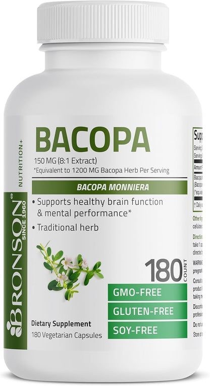Bronson Bacopa Supports Healthy Brain Function and Mental Performance, Traditional Herb, Non-GMO, 180 Vegetarian Capsules