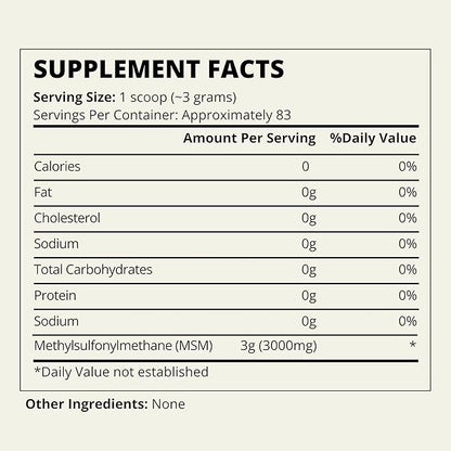 MSM Powder - 100% Organic Sulfur Crystals for Joint Support, Muscle Recovery, Skin Health, Nail & Hair Growth - Lab Tested - 83 Servings (250g)