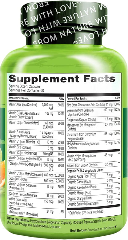 NATURELO Bariatric Multivitamin - One Daily with Iron - Supplement for Post Gastric Bypass Surgery Patients - Natural Whole Food Nutrition - 60 Veggie Capsules (Pack of 2)