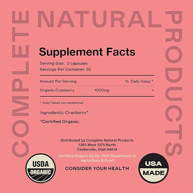 Organic Cranberry Capsules - 100 Count - 475 mg Supplement - Vegan Natural Cranberry Concentrate & Powder Pills