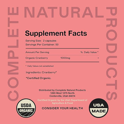 Organic Cranberry Capsules - 100 Count - 475 mg Supplement - Vegan Natural Cranberry Concentrate & Powder Pills