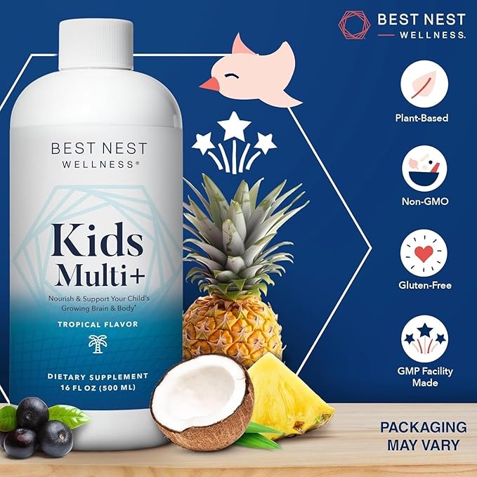 Best Nest Wellness Kids Multi Plus - Brain Health Support Supplement for Kids - Liquid Multivitamin with Methylated Vitamins - Nutritional Supplement Aids Immune Health - Tropical Flavor, 16 fl oz