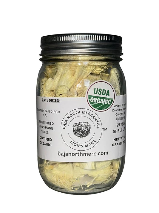 Freeze-Dried Lion's Mane Mushroom Fruiting Bodies | Can be rehydrated and cooked or used as supplement | Make into tincture, tea or powder | Grown in U.S.A | USDA Organic | in Vacuume Sealed Jar | 25 Year Shelf-Life