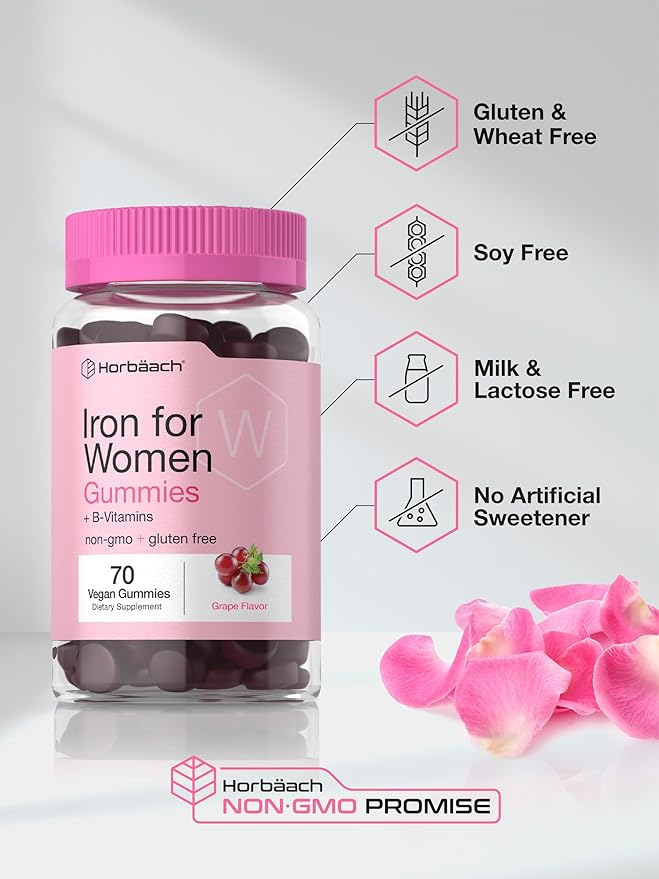 Horbäach Iron Gummies for Women | Supplement with B Vitamins | 70 Count | Grape Flavor | Vegan, Non-GMO & Gluten Free