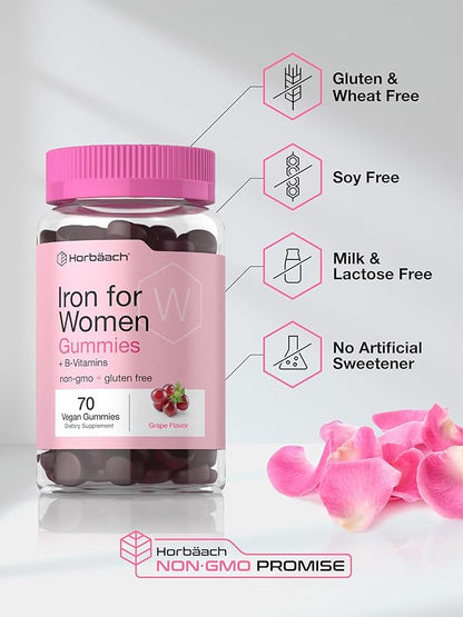 Horbäach Iron Gummies for Women | Supplement with B Vitamins | 70 Count | Grape Flavor | Vegan, Non-GMO & Gluten Free