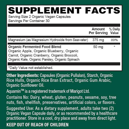 PlantFusion Vegan Magnesium Complex 375mg from Sea Water, Bioavailable Marine Magnesium with Fermented Organic Whole Food Blend, Non-GMO, Muscle & Relaxation Support, 60 Cap