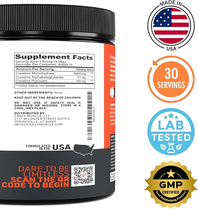 Crazy Muscle Creatine Monohydrate Powder, 5000mg Premium 3X ThreeAtine Pre Workout Mass Gainer, High Absorption Easy to Take Powder Optimum Performance for Men & Women, 30 Servings