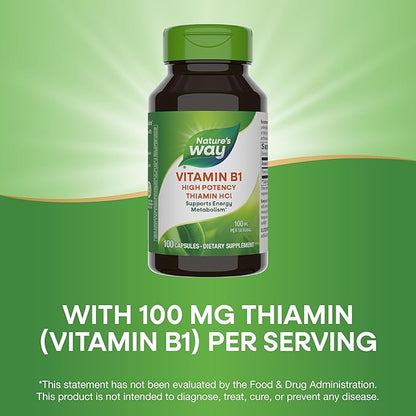 Nature's Way Vitamin B1, High Potency, 100 mg Thiamin per Serving, Thiamin HCl, Supports Energy Metabolism*, Gluten Free, 100 Capsules (Packaging May Vary)