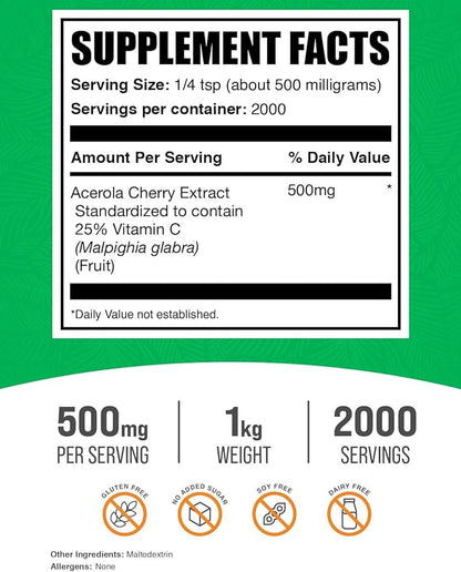BulkSupplements.com Acerola Cherry Extract Powder - Natural Vitamin C Supplement, Acerola Cherry Powder - Vegan & Gluten Free, 500mg per Serving, 1kg (2.2 lbs) (Pack of 1)