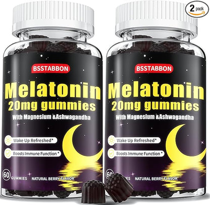 Melatonin Gummies 20mg for Women Men: Sugar Free Chewable Supplement with Zinc L-Theanine Ashwagandha Magnesium Lemon Balm and Chamomile - Maximum Strength for Adults Natural Berry Flavor(120count)