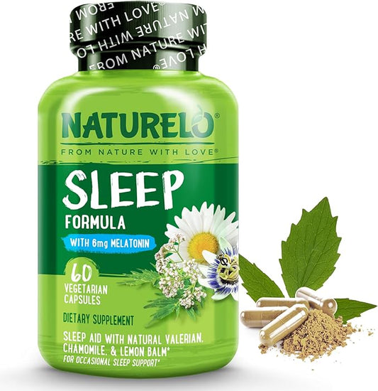 NATURELO Sleep Aid - with Melatonin, Magnesium, GABA, Valerian Root, Lemon Balm, Chamomile Herbal Extracts - Plant-Based Sleeping Aid - 60 Vegan Capsules