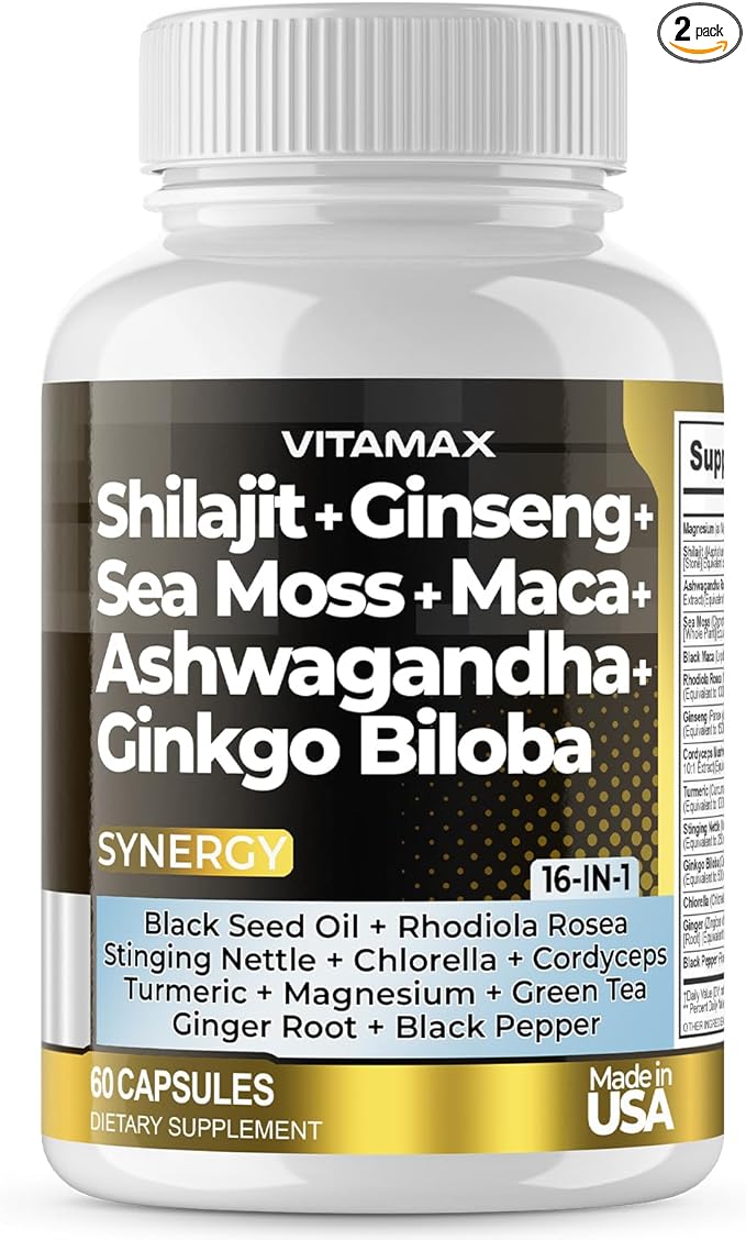 Pure Himalayan Shilajit Supplement, Ashwagandha, Sea Moss, Rhodiola Rosea, Gingko Biloba - Fulvic Acid & Trace Mineral Capsules for Men and Women – Made in USA