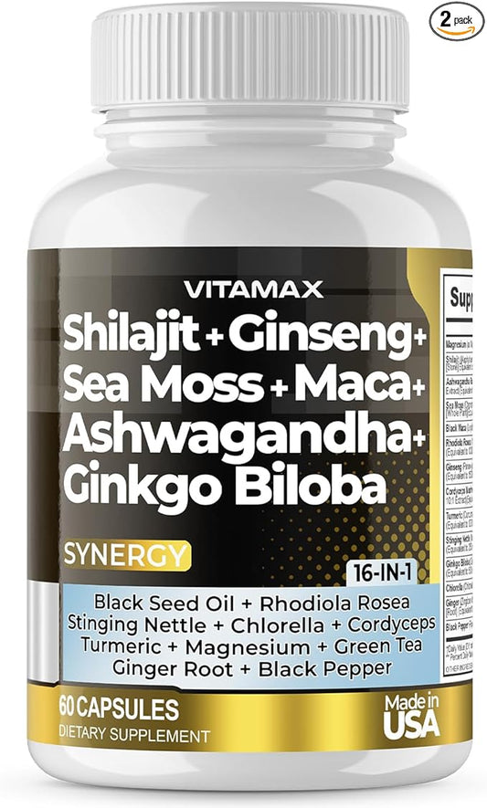 Pure Himalayan Shilajit Supplement, Ashwagandha, Sea Moss, Rhodiola Rosea, Gingko Biloba - Fulvic Acid & Trace Mineral Capsules for Men and Women – Made in USA