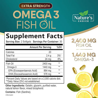 Triple Strength Omega 3 Fish Oil Supplement, EPA & DHA Fish Oil Omega 3 Essential Fatty Acids Supplement Softgels, 2400 mg Brain & Heart Health Support Supplements, Gluten Free, Non-GMO, 60 Softgels
