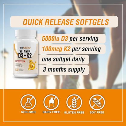 Vitamin D3 K2 with MCT Oil Supplement, Vitamin D3 5000 IU & K2 (MK7), Supports Immune, Bone & Teeth Health - Gluten Free Non-GMO - 90 Softgels