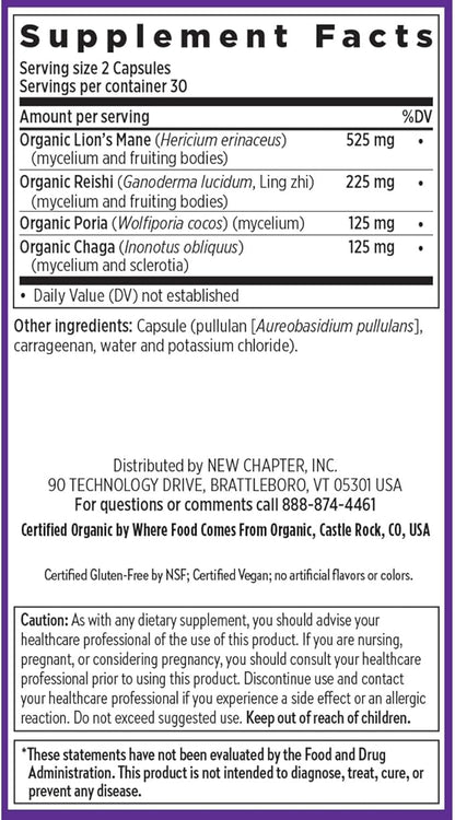 New Chapter Lion's Mane + Reishi Mushroom - LifeShield Mind Force for Mental Clarity with Organic Reishi Mushroom + Vegan + Non-GMO, Nootropic Ingredients - 60 ct