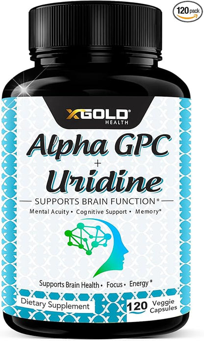 Alpha GPC Choline 600mg + Uridine Monophosphate 300mg-2-in-1 Nootropic Supplement Helps Boost Focus, Energy & Cognitive Performance -Potent Mood Enhancer & Brain Focus Supplements -120 Veggie Capsules