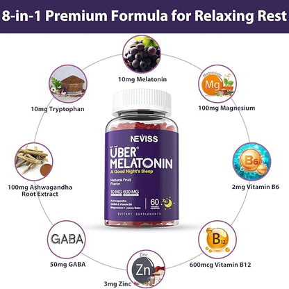 Melatonin Gummies 10mg 20mg for Adults, Melatonin 10 mg per Gummy with Ashwagandha, Magnesium Glycinate, GABA, L-theanine, Valerian Root & Lemon Balm, Rest Support Supplement, Grape Flavor, 2-Pack