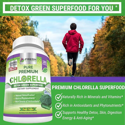 FRESH HEALTHCARE Premium Chlorella Supplement, 1200mg Pure Vegan Powder Capsules, 180 Chlorophyll and CFG Pills, Natural Detox Superfood, Naturally Contains B Vitamins and Minerals