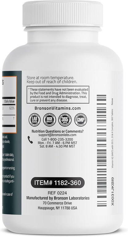 Bronson Vitamin K2 D3 (MK7) Supplement Non-GMO Formula Vitamin D3 5000IU (125 mcg) & 90 mcg K2 MK-7, Easy to Swallow D & K Complex, 360 Tablets