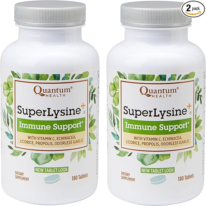 Quantum Health SuperLysine+ Advanced Formula Immune Support Supplement Lysine 1500 mg, Vitamin C Echinacea Licorice Bee Propolis & Odorless Garlic - 180 Tablets (Pack of 2)
