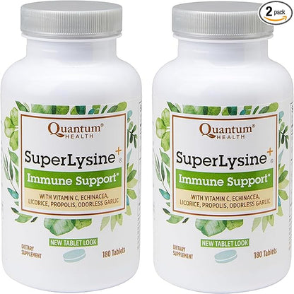Quantum Health SuperLysine+ Advanced Formula Immune Support Supplement Lysine 1500 mg, Vitamin C Echinacea Licorice Bee Propolis & Odorless Garlic - 180 Tablets (Pack of 2)