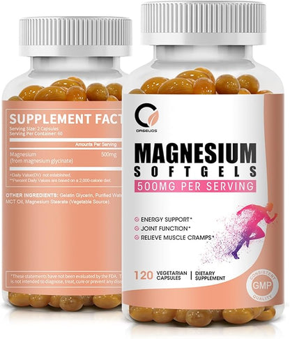 Magnesium Glycinate 500mg Capsules, High Absorption Pure Magnesium Glycinate Supplements Softgels for Men & Women, Support Energy, Muscle & Joint Function, Non-GMO, Vegan, 120 Count