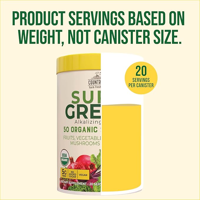 COUNTRY FARMS Organic Super Greens Apple Banana Flavor, 50 Organic Super Foods, Packed with Fiber, USDA Organic Drink Mix, Fruits, Vegetables, Mushrooms & Probiotics, Supports Energy, 5g Fiber