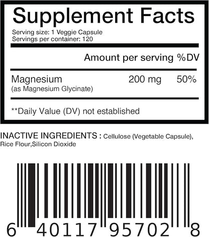 Magnesium Bisglycinate 200mg, High Absorption Chelated, 120 Vegan Capsules - Supports Heart Health, Muscle Cramps, Bone Health & Positive Mood