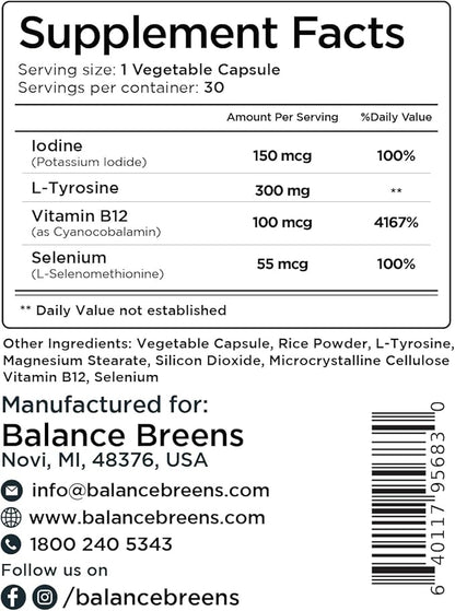 Balancebreens Thyroid Support Supplement with Iodine, L-Tyrosine, Vitamin B12 & Selenium, 30 Veg Capsules - Energy, Metabolism & Focus Support
