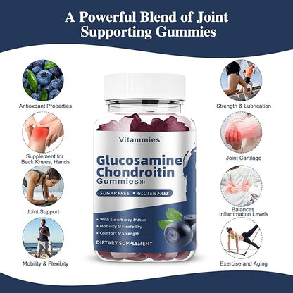 Glucosamine Chondroitin Gummies with MSM & Elderberry Extra Strength - Joint Support, Antioxidant Immune Support Supplement for Adults, Men & Women - 60 Blueberry Gummies