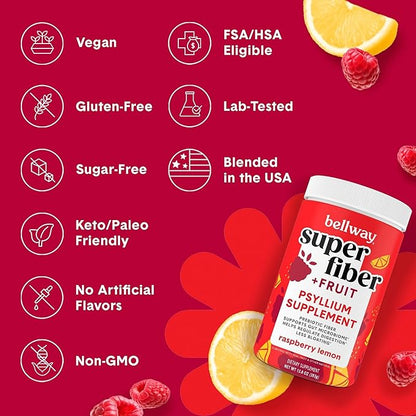 Bellway Super Fiber Powder + Fruit, Sugar Free Organic Psyllium Husk Powder Fiber Supplement for Regularity, Bloating Relief & Gut Health, Non-GMO, Plant-Based, Raspberry Lemon (50 Servings)