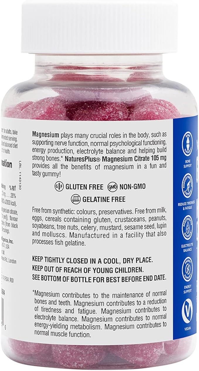 NaturesPlus Gummies Magnesium Citrate - 75 Gummies, Raspberry - Helps Calm The Mind & Body, Supports Bone Density - Vegetarian, Gluten Free, Non-GMO - 25 Servings