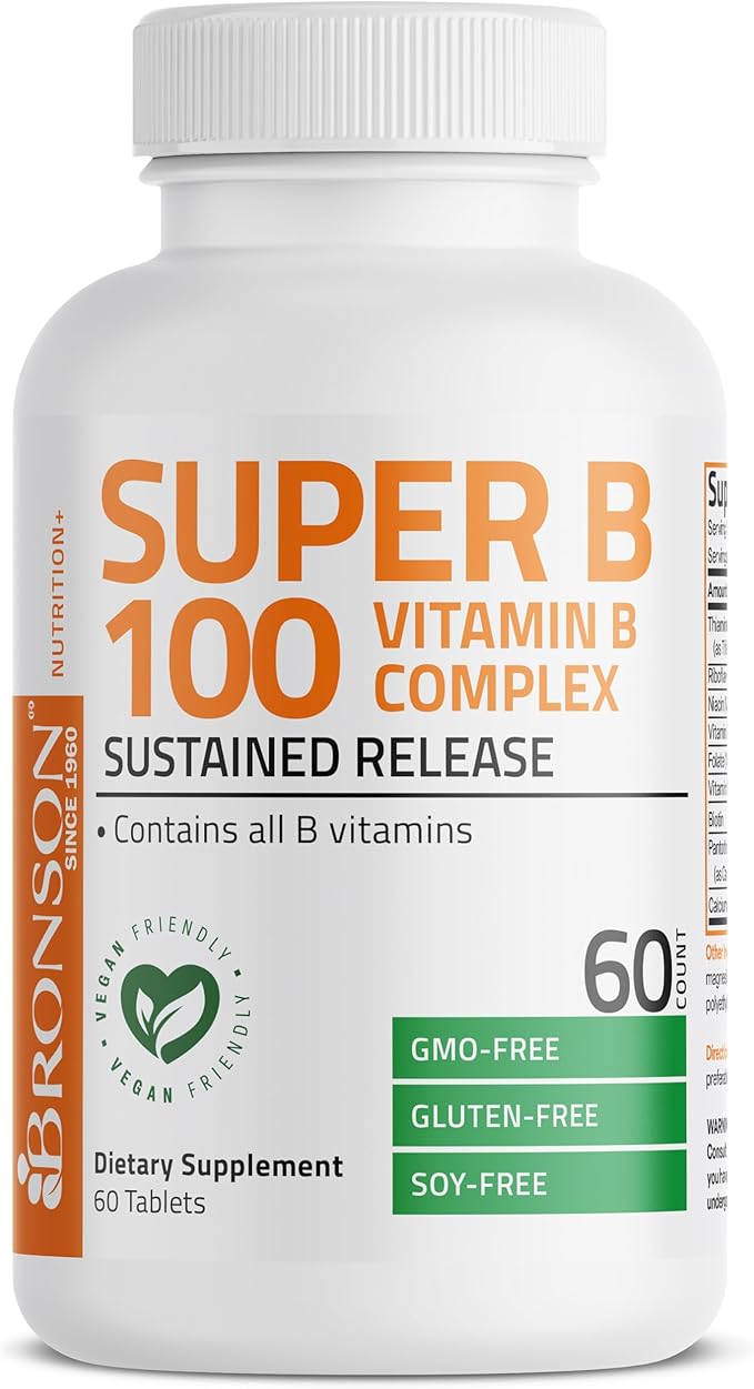 Bronson Vitamin B 100 Complex High Potency Sustained Release (Vitamin B1, B2, B3, B6, B9 - Folic Acid, B12), 60 Tablets