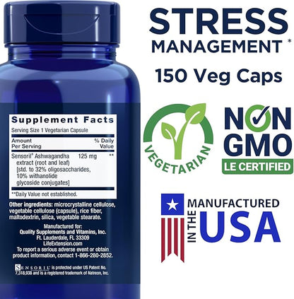 Life Extension Optimized Ashwagandha, 150 Veg Caps - Non-GMO, Gluten Free, Vegetarian Capsules