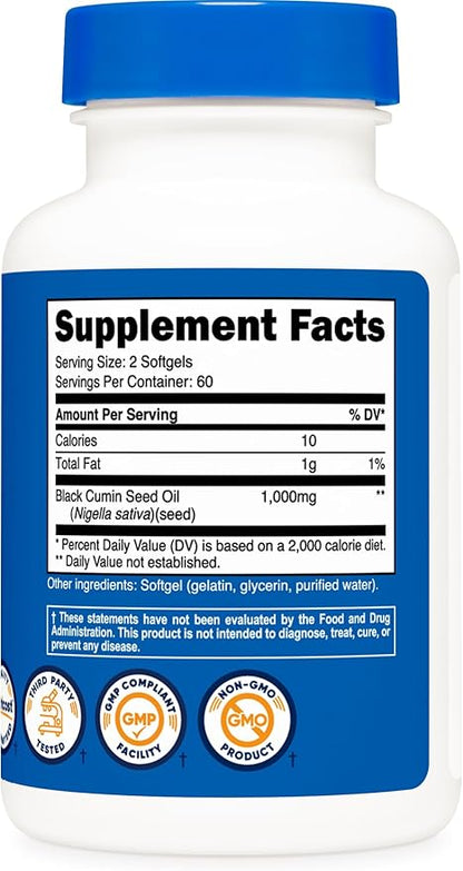 Nutricost Black Seed Oil (Cumin) - Cold Pressed, Source of Omega 3 6 9-120 Softgels, 1000mg Per Serving, 60 Servings - Non-GMO and Gluten Free