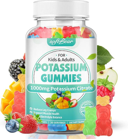 softbear Potassium Citrate Gummies, High Potency Potassium Citrate 1000mg Supports Leg Cramps & Muscle Health Potassium Gummies for Adults & Kids Mixed Fruit Flavor 60 Count