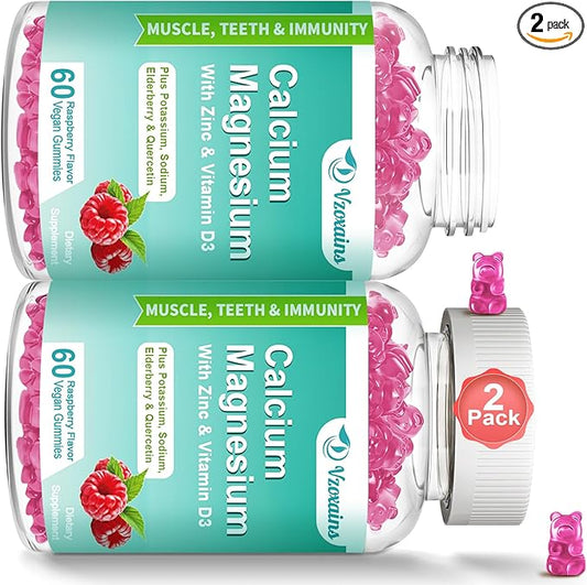 High Absorption Calcium Gummies, Calcium Magnesium Zinc with Magnesium Glycinate, Potassium, Vitamin D3 for Women & Men - Raspberry Flavored 120 Cts