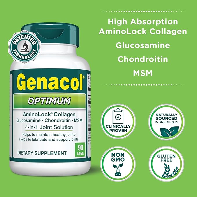Genacol Optimum – Glucosamine, Chondroitin, MSM and Ultra-Hydrolyzed Collagen Tablets, Maintains Healthy Joints, Protects & Lubricate Cartilage, 90 Tablets (30-Day Supply)