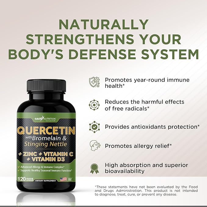 Quercetin with Vitamin C and Zinc - Nettle Quercetin - Quercetin 500mg - Quercetin with Bromelain - Zinc Quercetin + Vitamin D3 - 120 Veggie Caps - (Non-GMO, Gluten-Free, Vegan) - 2 Month Supply